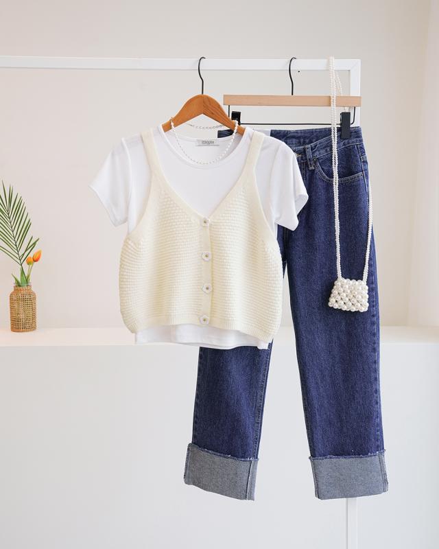 루시엔 꽃 단추 니트 조끼 뷔스티에