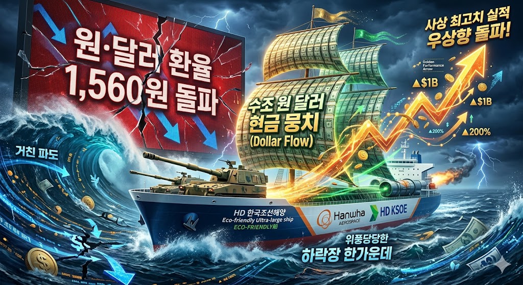 붉은색 전광판에 '원·달러 환율 1,560원 돌파'라는 자극적인 수치가 깨지듯 깜빡이는 하락장 한가운데, 수조 원의 달러 현금 뭉치(Dollar Flow)를 돛 삼아 거친 파도를 뚫고 당당하게 전진하는 '한화에어로스페이스 K9 자주포'와 'HD한국조선해양 친환경 초대형 선박'의 위풍당당한 모습을 결합한 하이테크 3D 일러스트 그래픽 이미지.