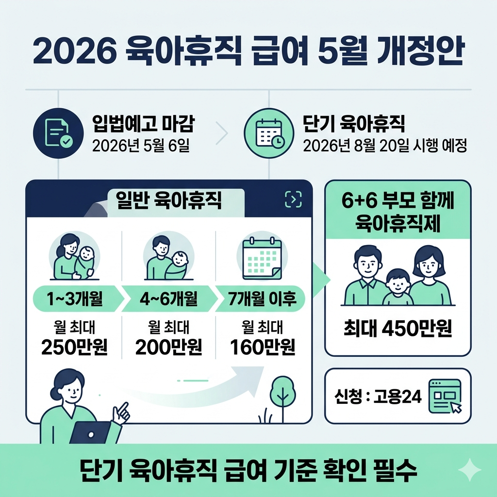 육아휴직 급여 5월 개정안 2026년 상한액&middot;단기 육아휴직&middot;신청방법 확인 인포그래픽