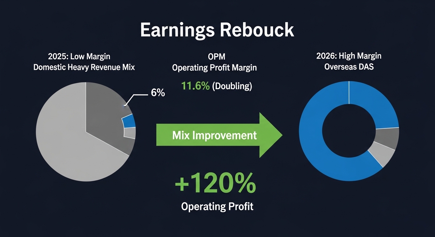 2026 earnings rebound lever infographic. Left 2025 low margin domestic heavy revenue mix pie gray. Right 2026 high margin overseas DAS larger slice blue. OPM arrow 6% to 11.6% doubling. Operating profit +120% large bold green arrow. Mix improvement label. Navy dark financial data clean design English only.