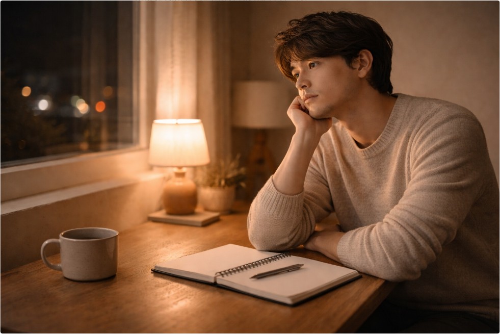 조용한 밤 창가에 앉아 자신의 선택 기준을 돌아보는 모습