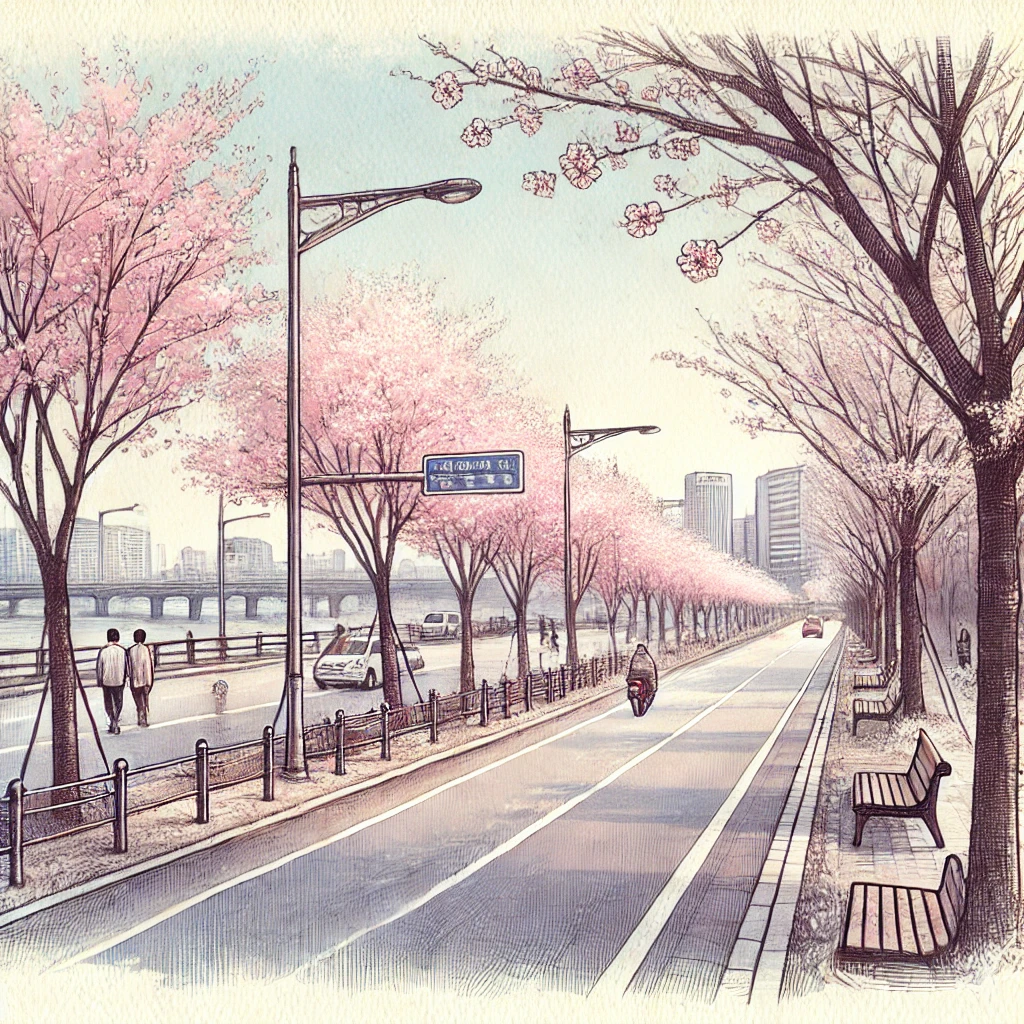 윤중로와 비슷한 느낌이 나는 벚꽃길 그림