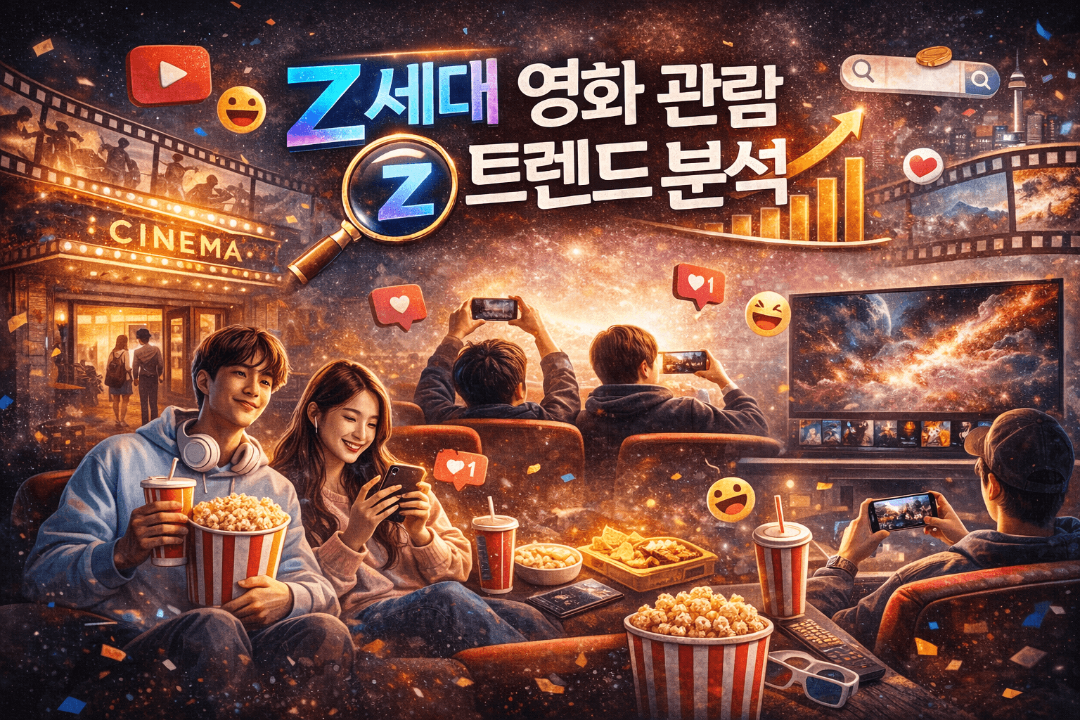 영화관과 OTT 시청 장면을 배경으로 Z세대 관객들이 스마트폰과 태블릿을 사용하며 영화를 소비하는 모습을 표현한 이미지로, 중앙에는 &lsquo;Z세대 영화 관람 트렌드 분석&rsquo;이라는 제목이 강조되어 있으며 SNS 아이콘과 상승 그래프가 함께 배치되어 Z세대의 새로운 영화 소비 트렌드를 시각적으로 나타내고 있다.