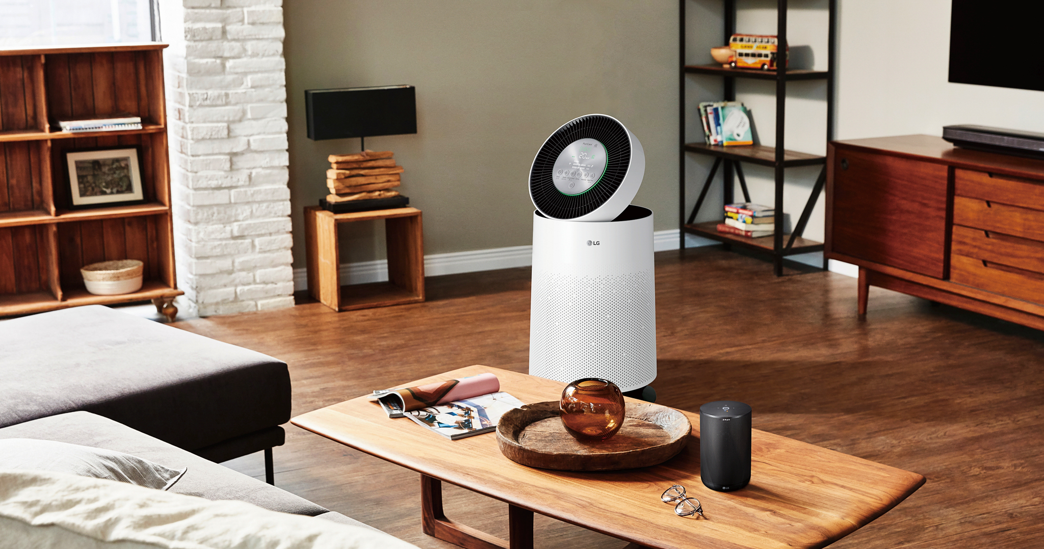 A sleek air purifier in a bright living room, representing the importance of clean air in a modern home.