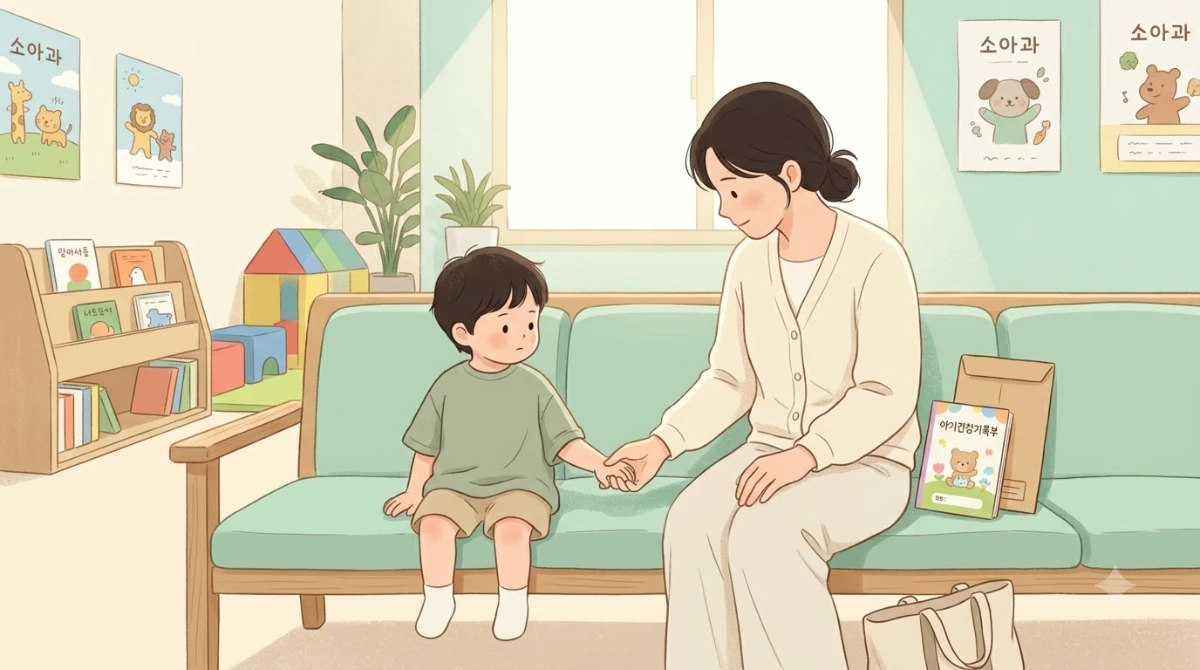 한국인 어머니가 어린 자녀의 손을 잡고 소아청소년과 대기실 의자에 앉아 있는 장면.