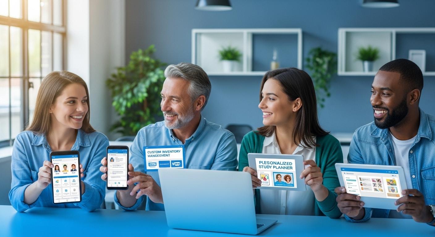 노코드/로우코드로 직접 만든 앱을 사용하며 기뻐하는 다양한 사람들.