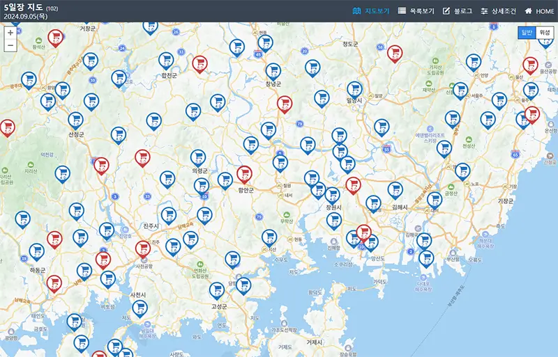 부산 경남지역 오일장 지도 바로가기