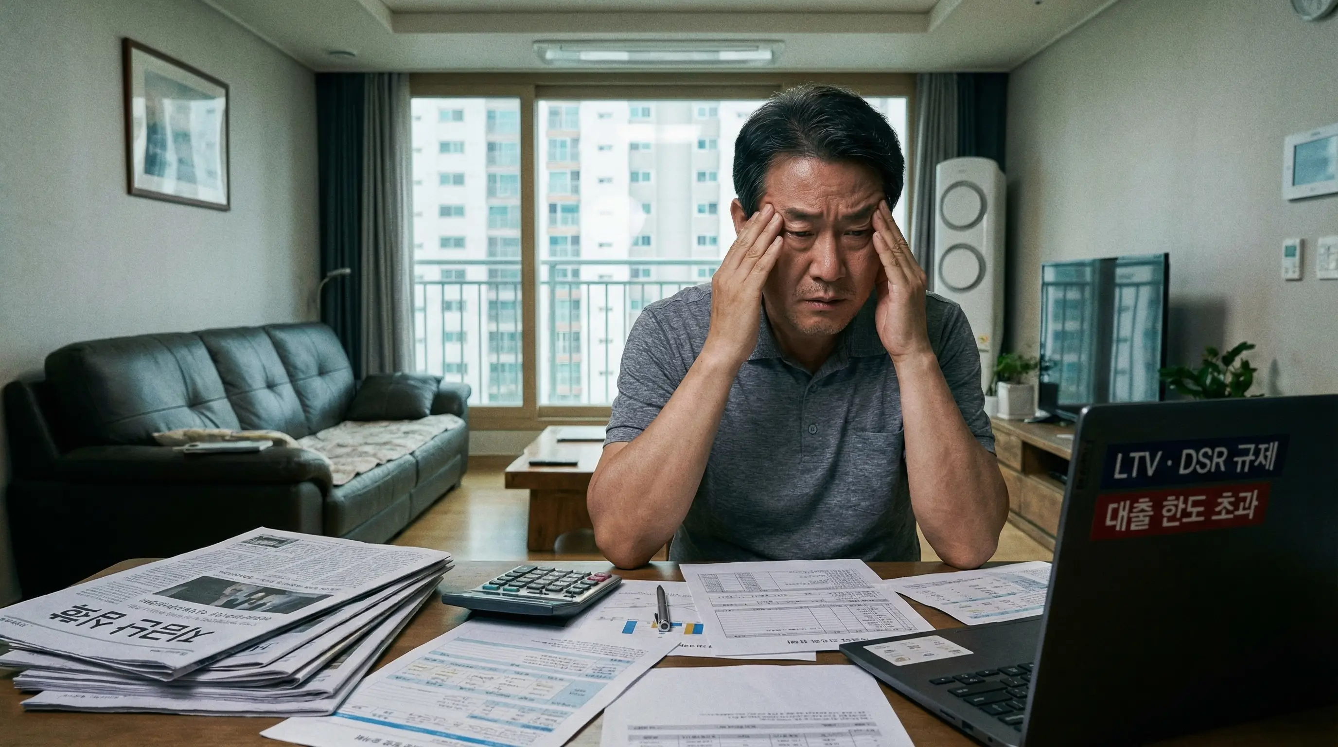 LTV와 DSR 규제에 막혀 대출 한도가 부족한 집주인이 새로운 자금 확보 방법을 고민하는 모습