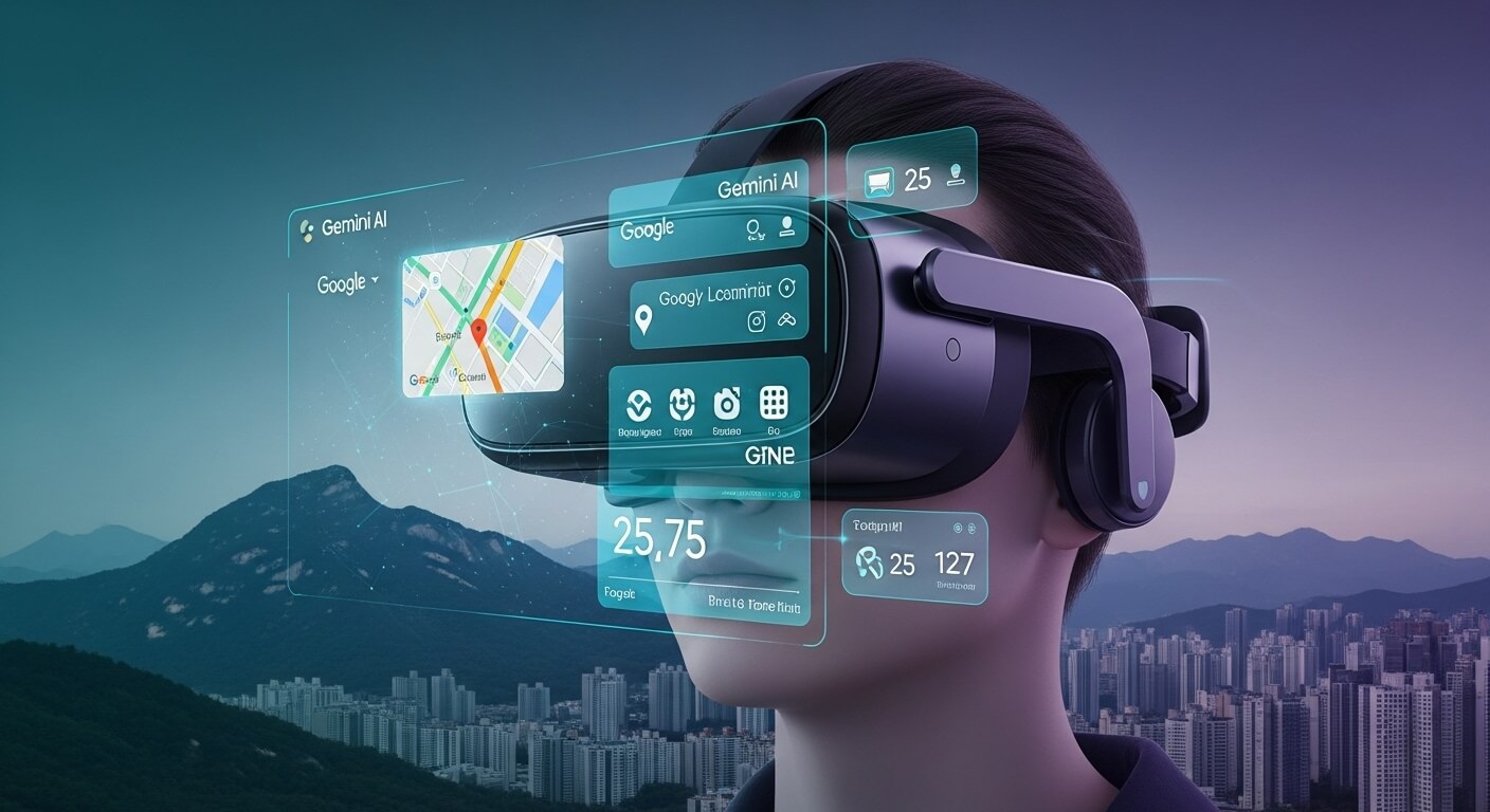 삼성갤럭시XR 을 쓰고 있는 남성. 화면에 입체적으로 GOOGLE 지도가 보이고 있다