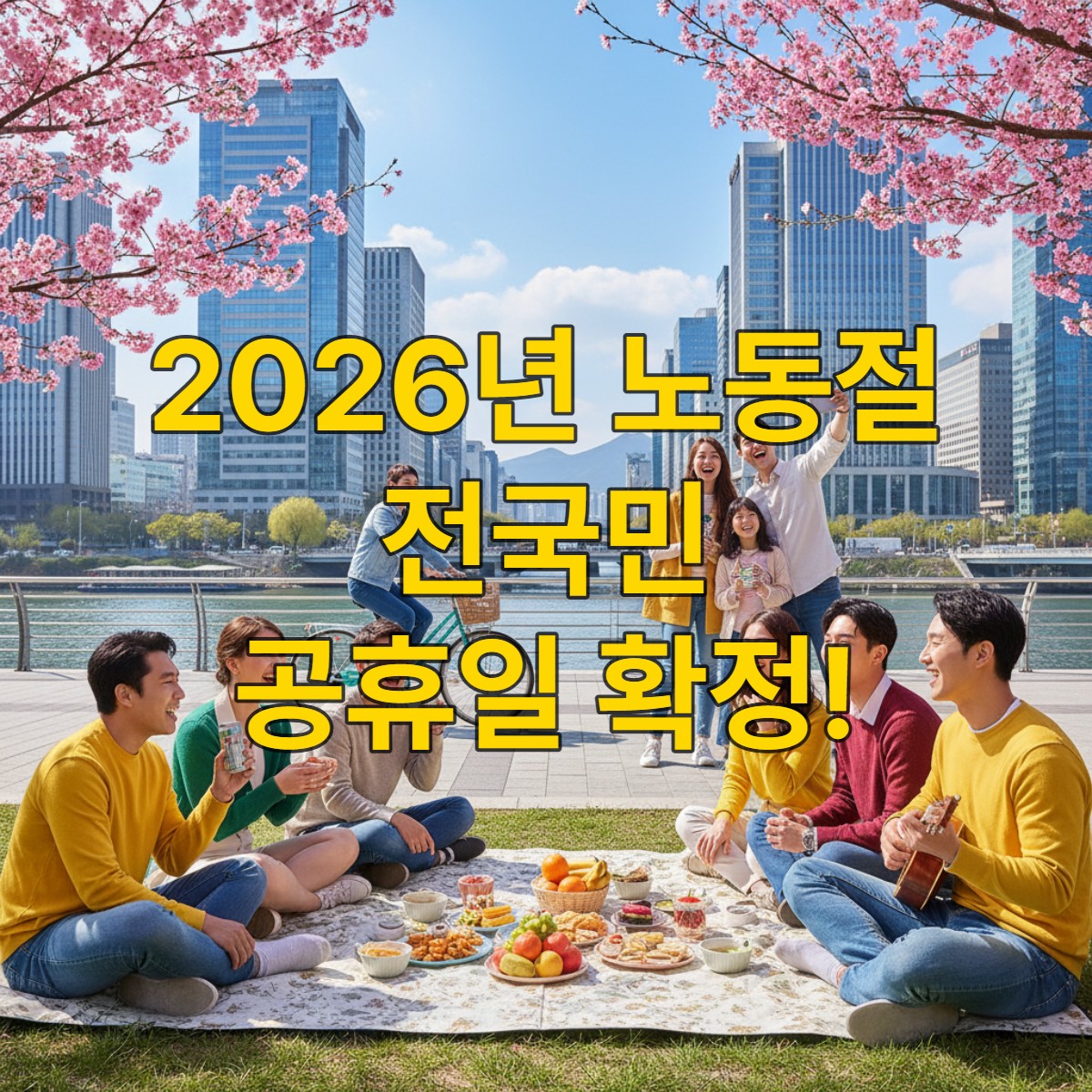 푸른 하늘 아래 다양한 현대 한국인들이 공원에서 피크닉을 즐기거나 자전거를 타며 활기찬 휴일을 보내는 모습