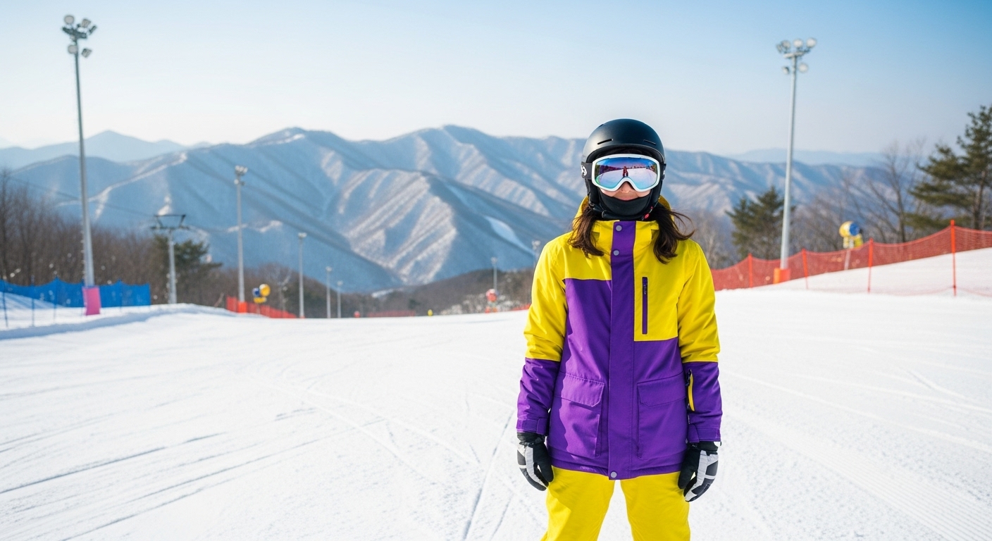 2025년 강원도 스키장에서 보라색과 노란색 스키복을 입은 초보 스키어가 완만한 슬로프에 서 있는 모습. 설원이 아름답고 즐거운 첫 스키 경험을 암시합니다.