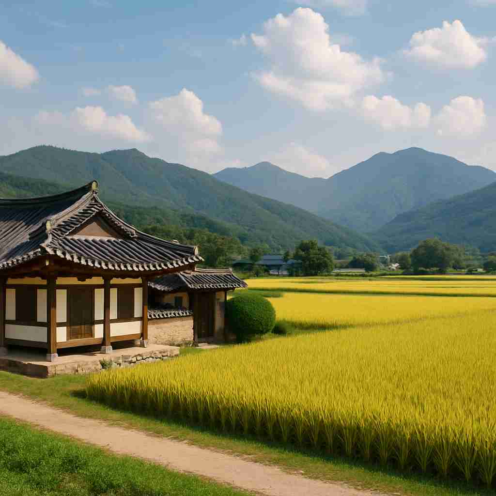 경남 하동의 들판 풍경과 고택