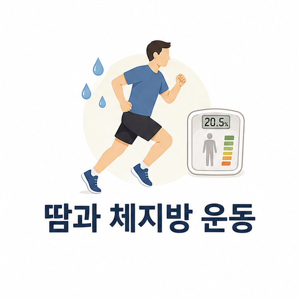 운동하는 인물과 땀방울, 체지방 측정 아이콘으로 표현한 땀과 체지방 운동
