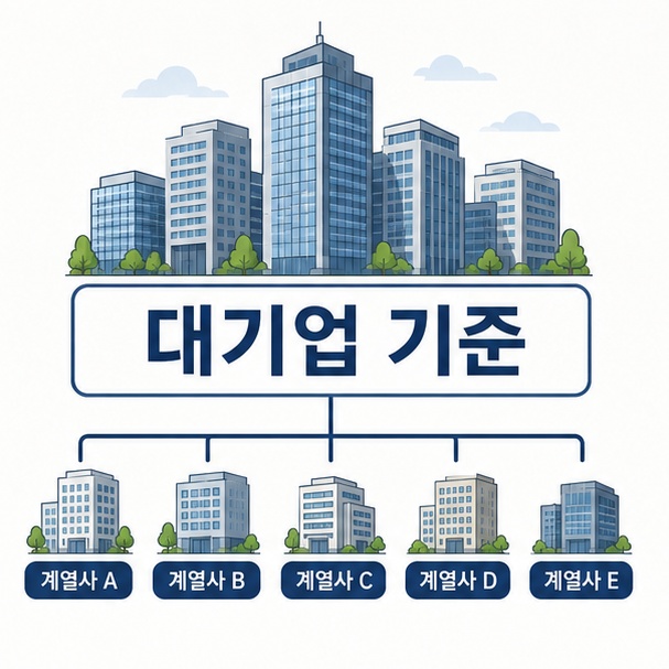 여러 기업 건물과 계열사 연결 구조를 이용해 대기업 기준이 제도마다 다르다는 점을 소개하는 그림
