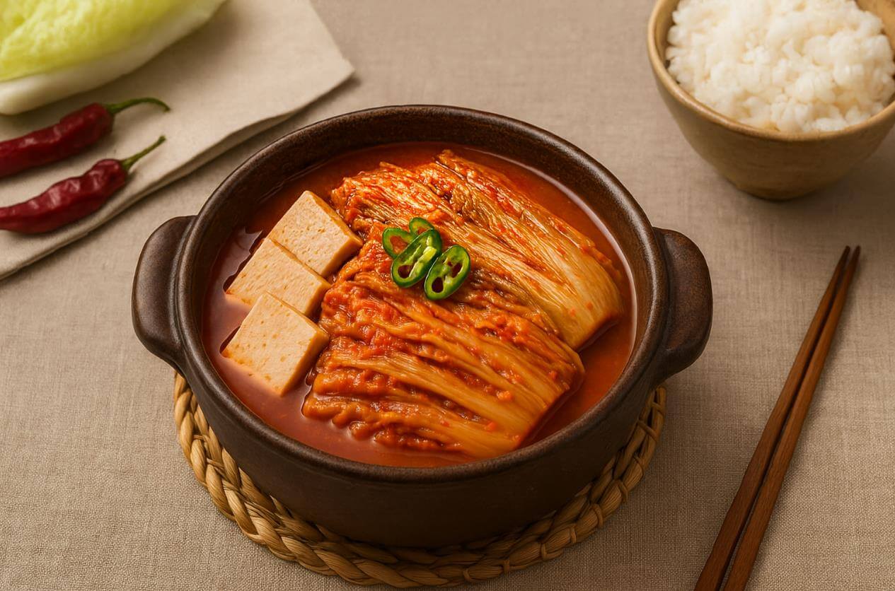 뚝배기에 담긴 두부와 김치가 어우러진 김치찌개 한 그릇.
