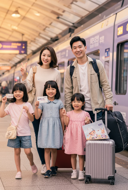 다자녀 가정이 기차역에서 여행을 하기 위해 기다리는 모습