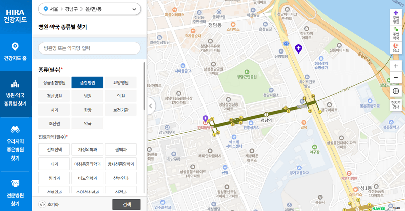 건강보험심사평가원 병원찾기 지도