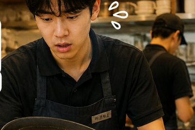 카페 아르바이트생이 쟁반을 내려다보며 실수를 알아차린 듯 놀란 표정을 짓는 모습