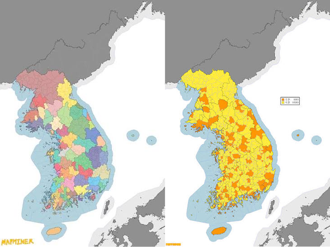 고려의 주현(왼쪽)과 주현 산하 속현(오른쪽 노란색) [출처: 지도러]