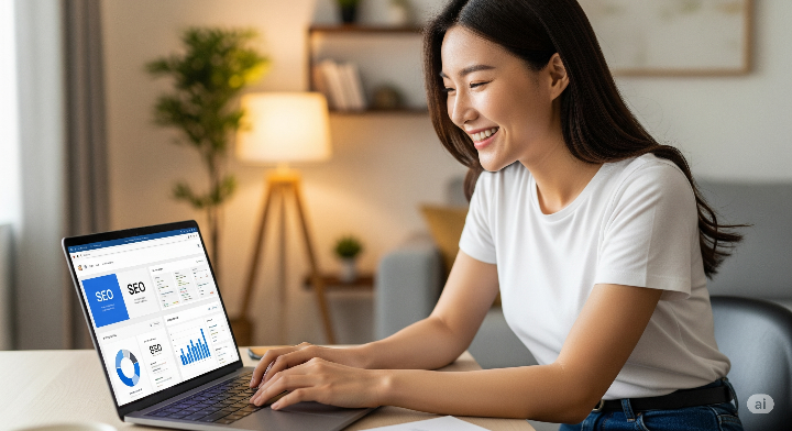 젊은 여성이 노트북으로 SEO 전략을 검색하며 미소 짓는 모습