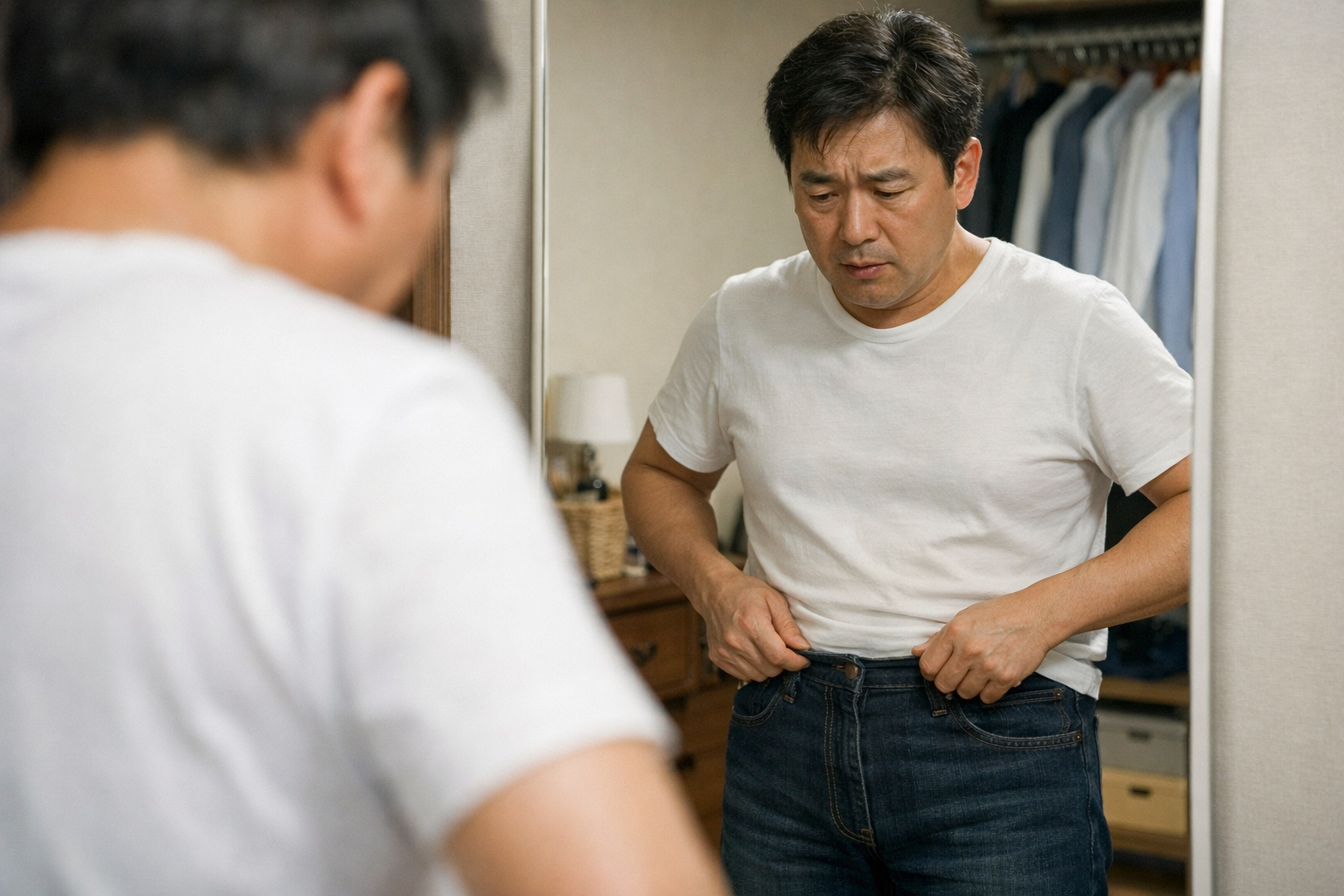복부는 나오고 하체는 얇아지는 40대 체형