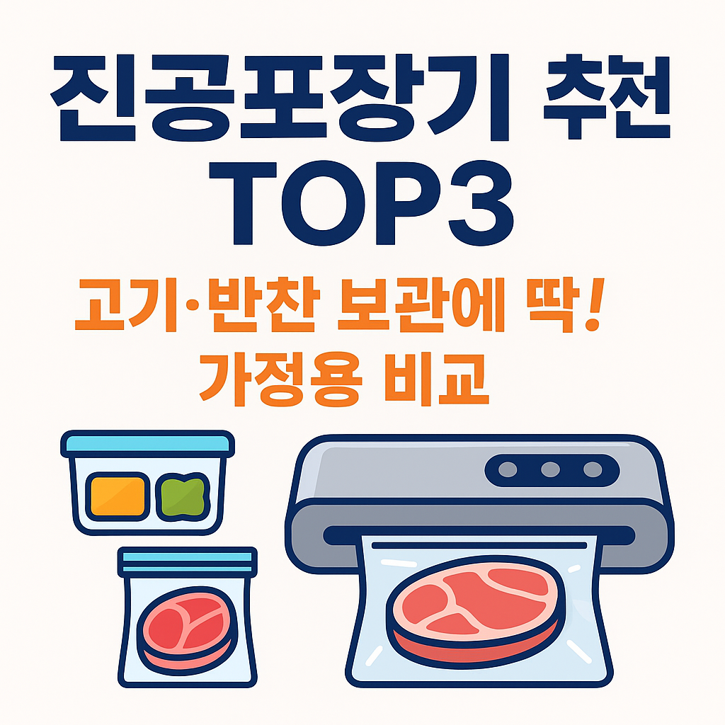 <img src="썸네일이미지경로" alt="진공포장기 추천 TOP3 인포그래픽 – 고기와 반찬을 보관할 수 있는 가정용 진공포장기를 그림과 함께 소개하는 이미지. 포장기, 지퍼백, 고기 아이콘 포함" />