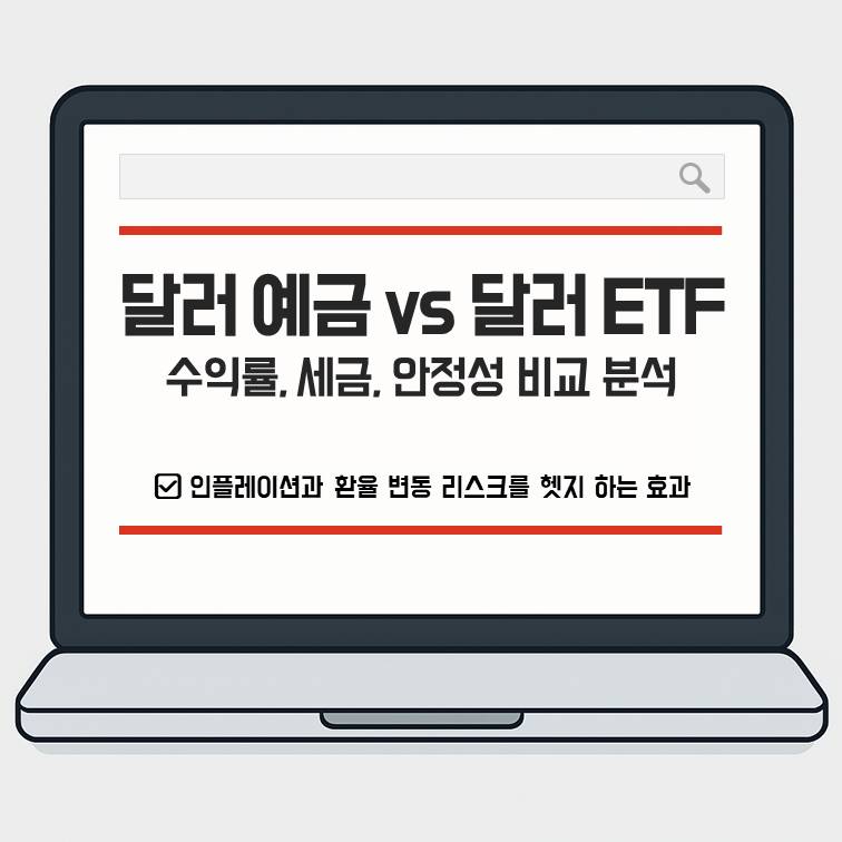 달러 예금과 달러 ETF의 수익률, 세금, 안정성을 비교하는 대표 이미지 &mdash; 인플레이션과 환율 변동 리스크를 동시에 헤지하는 효과를 강조한 시각적 썸네일
