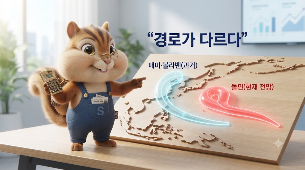 과거 태풍과 현재 태풍의 경로선을 지도 위에서 비교하는 다람쥐 캐릭터, 지도에 경로가 다르다라는 문구가 쓰여 있는 일러스트