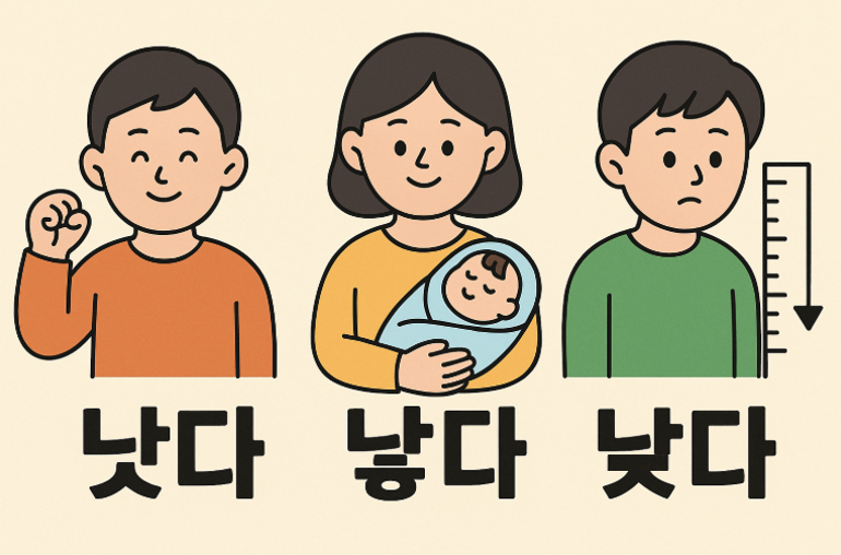 낫다 낳다 낮다 헷갈리는 동음이의어 표현을 그림으로 쉽게 표현한 대표 썸네일 이미지 -말맛연구소 한글 맞춤법 연재 시리즈 10화