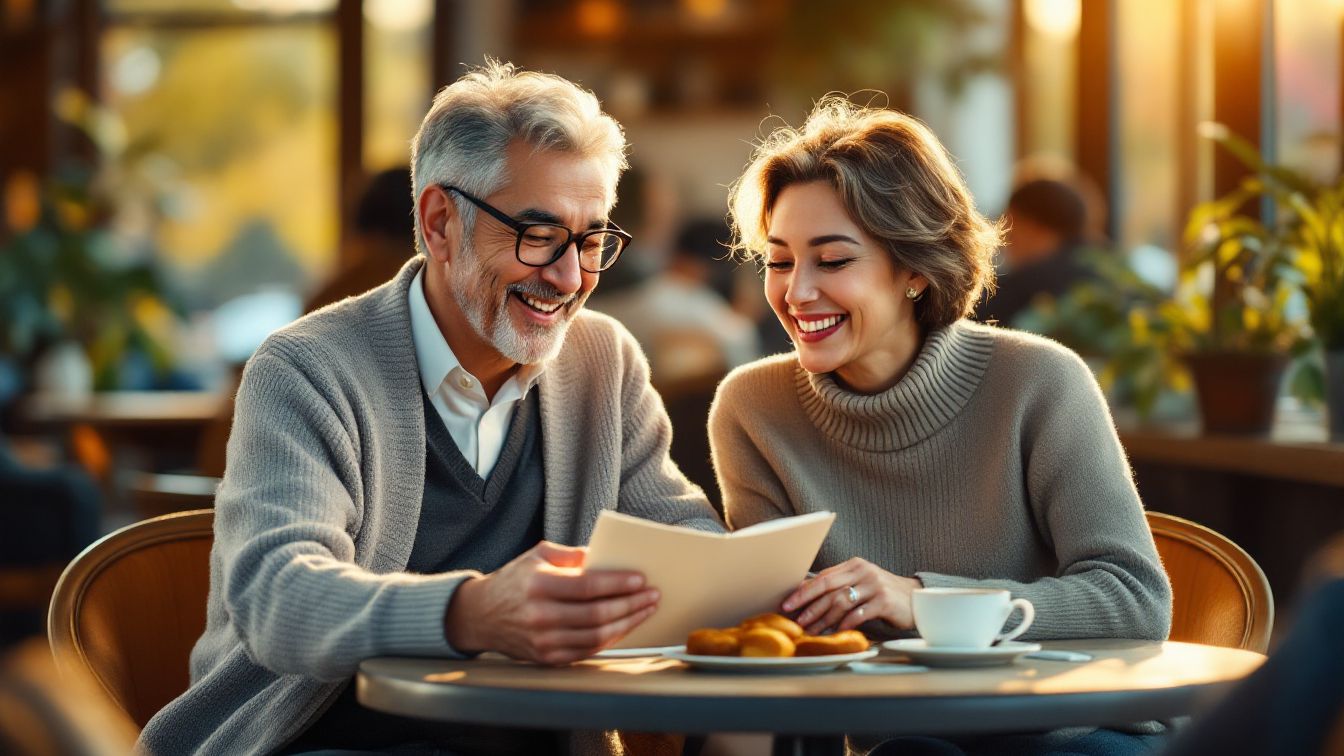 A happy Korean senior couple smiling at a cafe while checking their bankbook after receiving early national pension payments.
