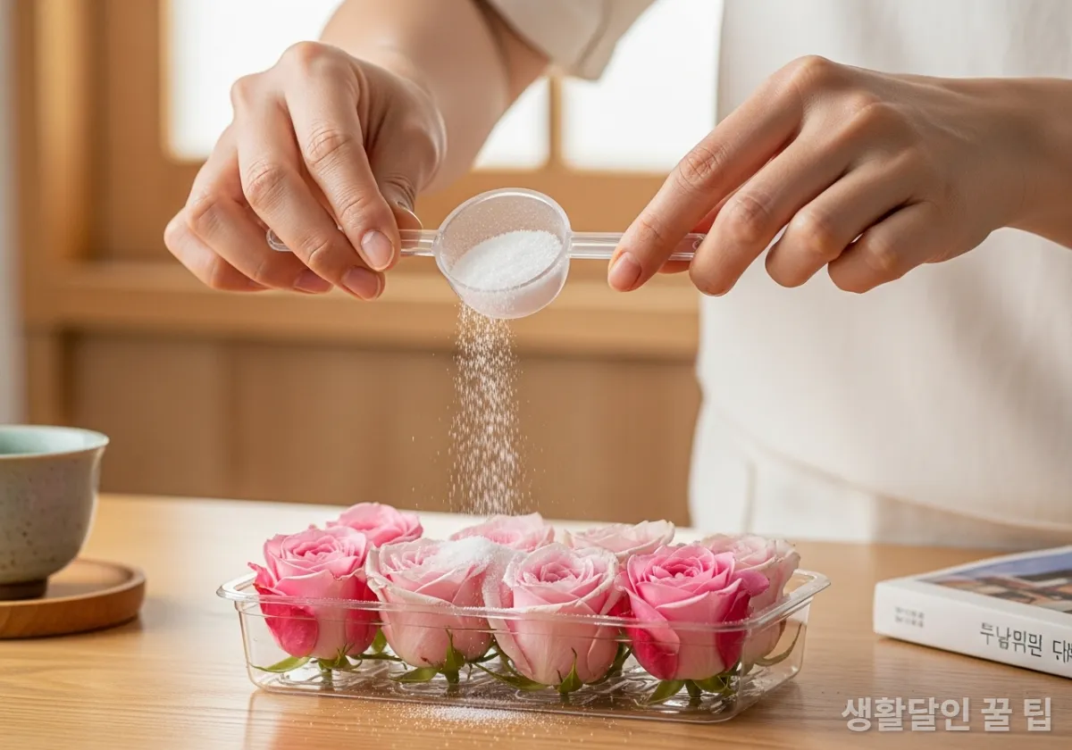 밀폐용기에 꽃을 넣고 실리카겔을 붓는 과정
