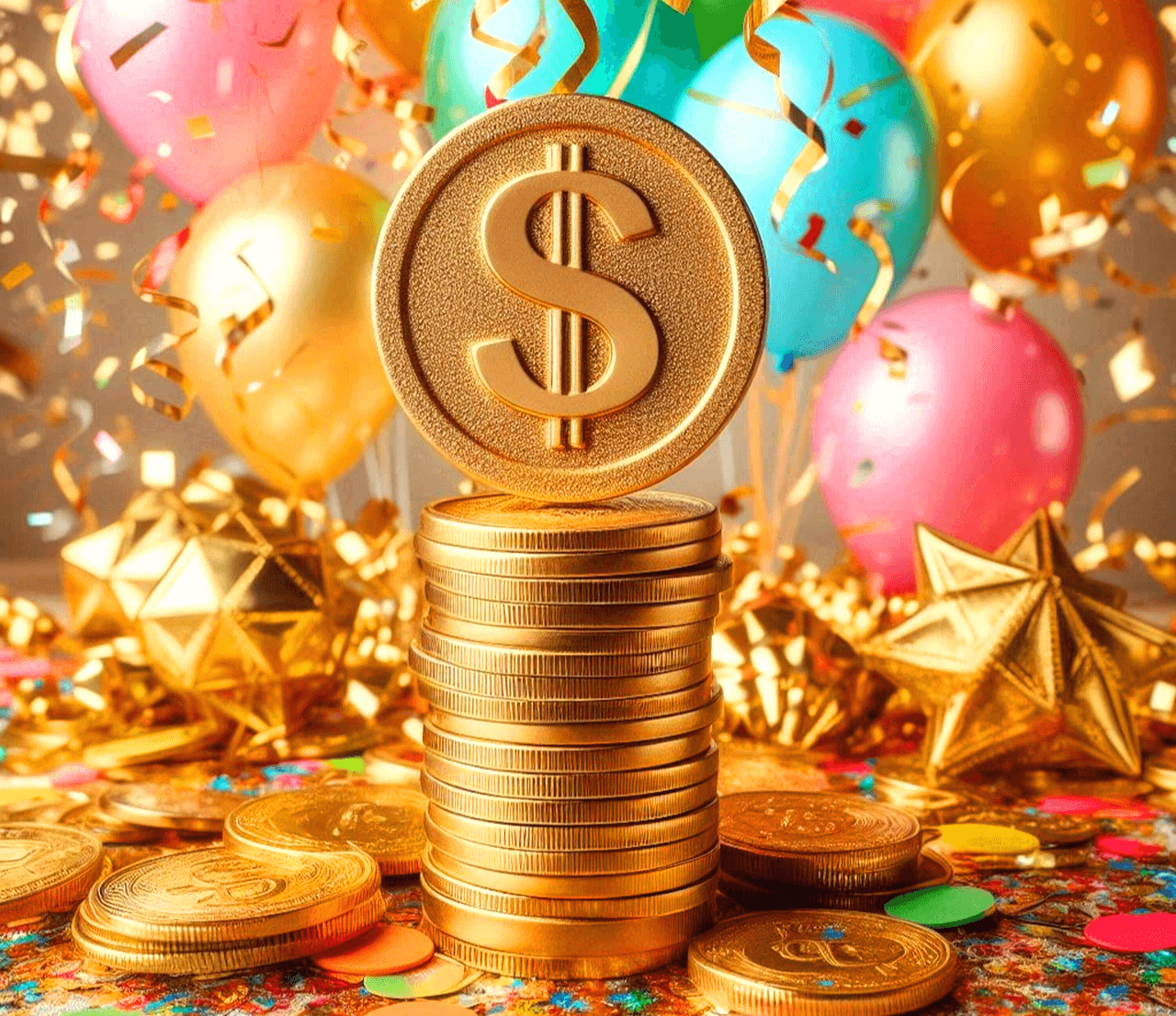 황금색 금화들이 쌓여있고 그 위에는 $가 그려진 금화가 세워졌다. 주변엔 풍선들과 황금색 종이들이 떨어진다.