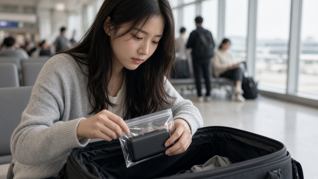 공항 출국장 의자에 앉아 투명 지퍼백에 담은 보조배터리를 가방에 넣는 20대 한국인 여성