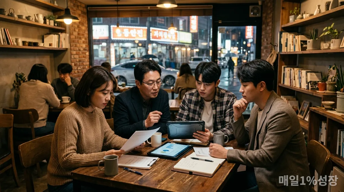 한국의 작은 사무실에서 5인 미만 사업장 법규 변화에 대해 논의하는 소규모 사업주들.