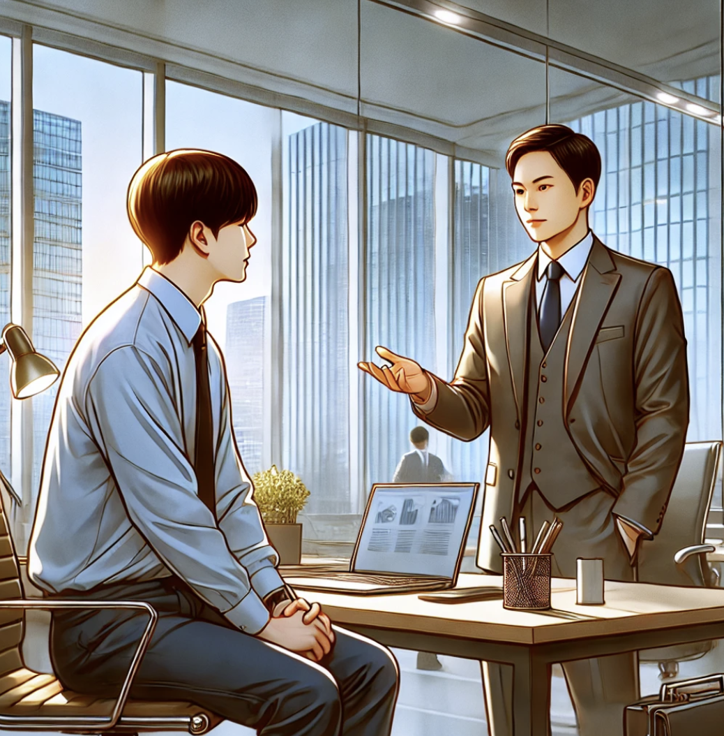 사무실에서 매니저와 대화하는 장면