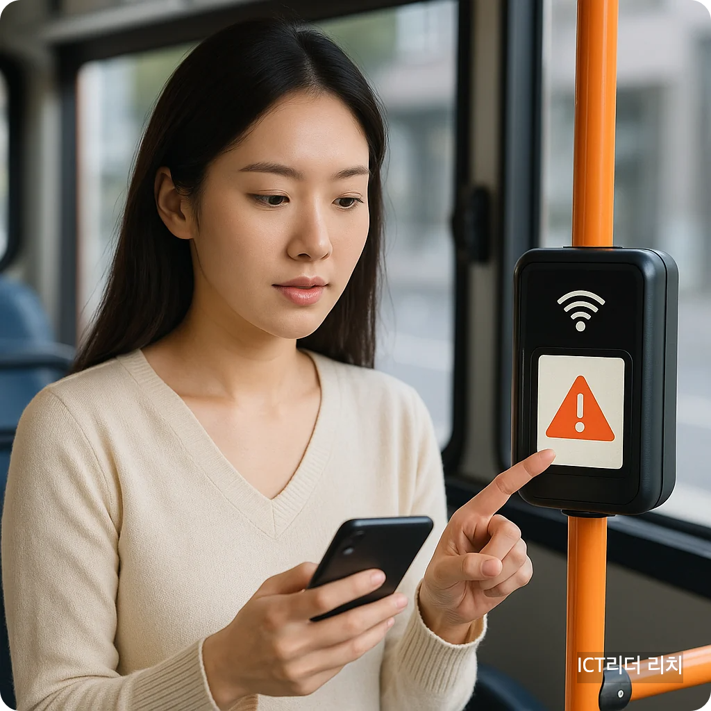 20대 여성이 버스 안에서 스마트폰으로 GPS 오류를 확인하는 자연스러운 장면. 버스 단말기 옆에서 집중하는 표정.