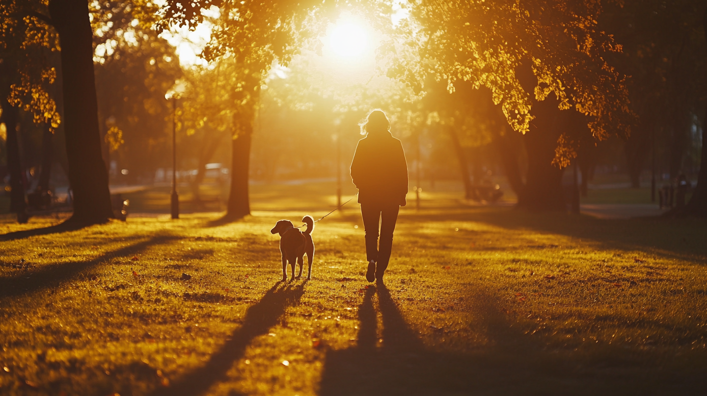 공원을 산책하는 사람과 반려견
