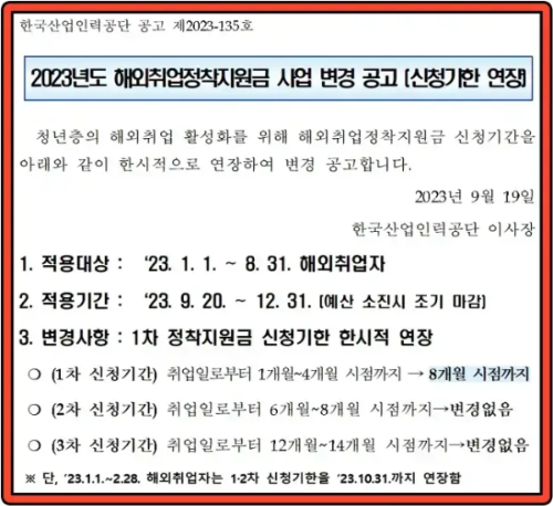 한국산업인력공단-2023년-해외-정작-지원금-연장-공고
