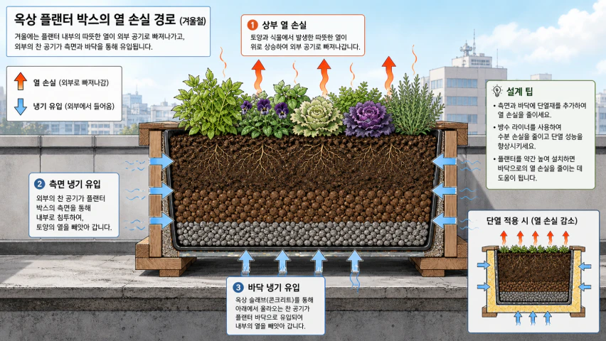 플랜트 박스의 열 손실 경로와 냉기 침투를 나타낸 단면도
