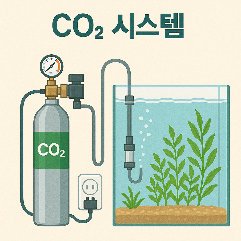 수초가 있는 열대어 수조에 설치된 CO₂ 시스템을 보여주는 일러스트입니다. 왼쪽에는 CO₂ 가스 실린더가 압력 조절기, 솔레노이드 밸브, 전원 플러그와 함께 연결되어 있고, 오른쪽에는 수조 내부로 연결된 확산기에서 기포가 올라오며 수초들이 건강하게 자라고 있는 모습이 묘사되어 있습니다.