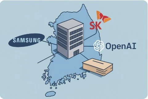 한국 지도 위 데이터센터와 삼성 SK OpenAI 협력 상징 이미지