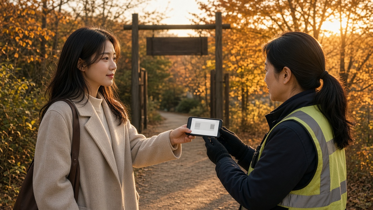 해 질 녘 남산 산책로 입구에서 스마트폰 예약 화면을 보여 주며 입장 확인을 받는 20대 한국인 여성