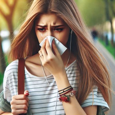 꽃가루 알러지로 인해 눈물, 콧물을 흘리며 걷는 젊은 여성
