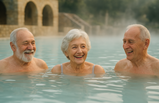 시니어들이 온천욕을 즐기면서 웃으며 얘기하고 있다
