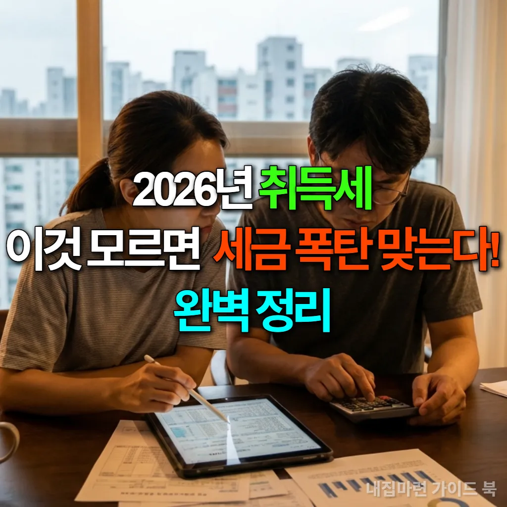 취득세 계산을 위해 복잡한 서류와 계산기를 들여다보는 한국인 부부의 모습