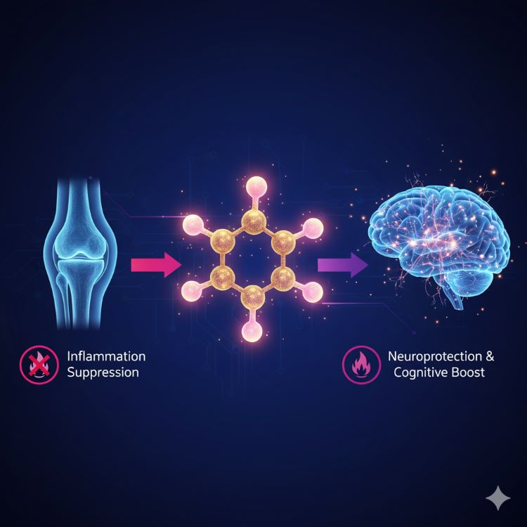 중앙에 에스트로겐 분자 구조가 빛나고 있고, 왼쪽에는 염증이 억제되는 관절의 단면도, 오른쪽에는 건강한 뇌와 활성화된 신경세포들이 표현된 이미지. 에스트로겐에서 뻗어나가는 화살표가 항염 작용과 뇌 보호 작용을 동시에 나타냄. 부드러운 보라색과 분홍색 그라데이션에 과학적 정확성을 담은 의학 일러스트