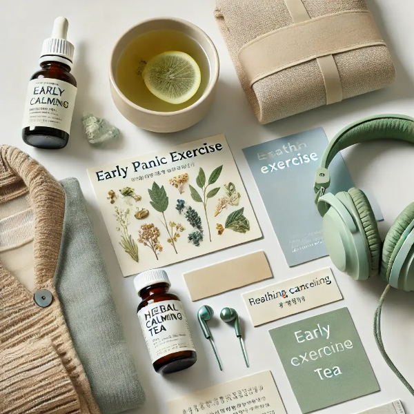하얀 배경 위에 정리된 호흡 카드, 허브차, 노이즈 캔슬링 헤드폰, '마음 안정 루틴' 메모카드의 정신건강 스튜디오 촬영 사진