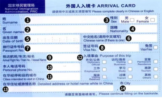 중국 입국신고서