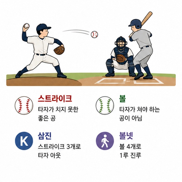 스트라이크, 볼, 삼진, 볼넷 등 기본 야구 용어를 설명한 이미지