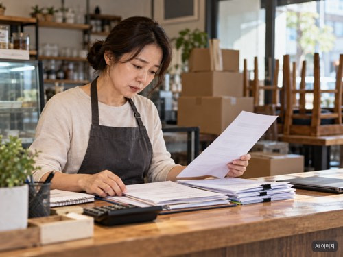 소상공인 폐업지원금 신청방법을 알아보며 폐업 서류를 정리하는 소상공인 모습